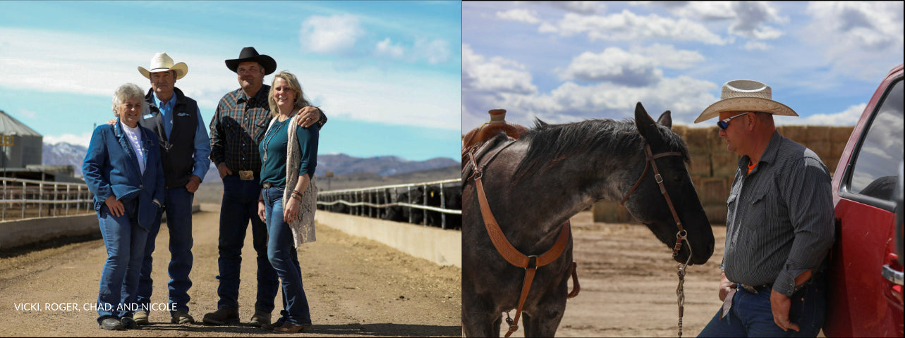 Two scenes: a vicki, roger, chad and nicole standing together at the ranch, and chad with a horse by red truck
